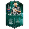 Card featuring Gian Van Veen with a trophy, holding darts, and various details on a green and black background.