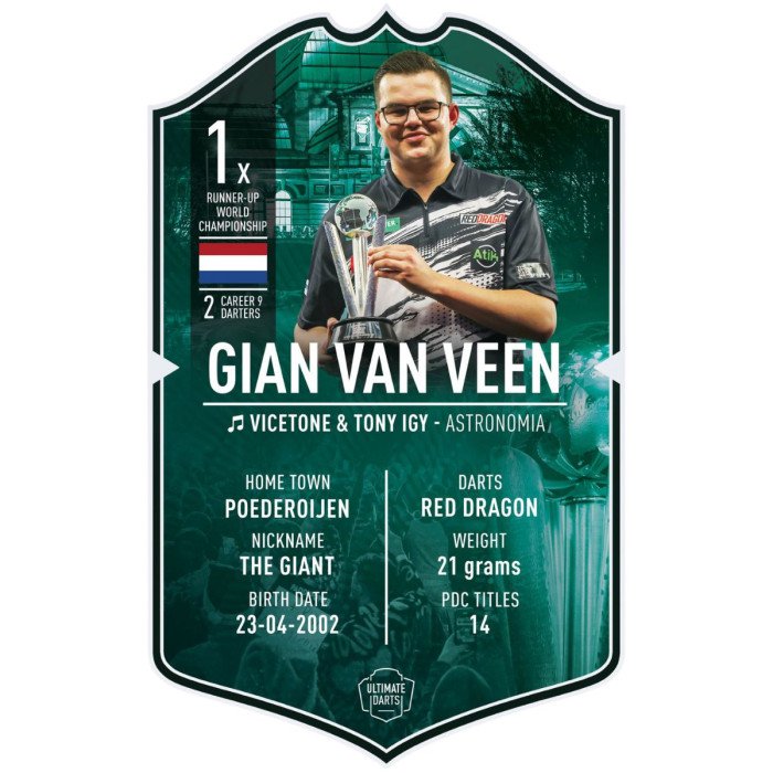 Card featuring Gian Van Veen with a trophy, holding darts, and various details on a green and black background.