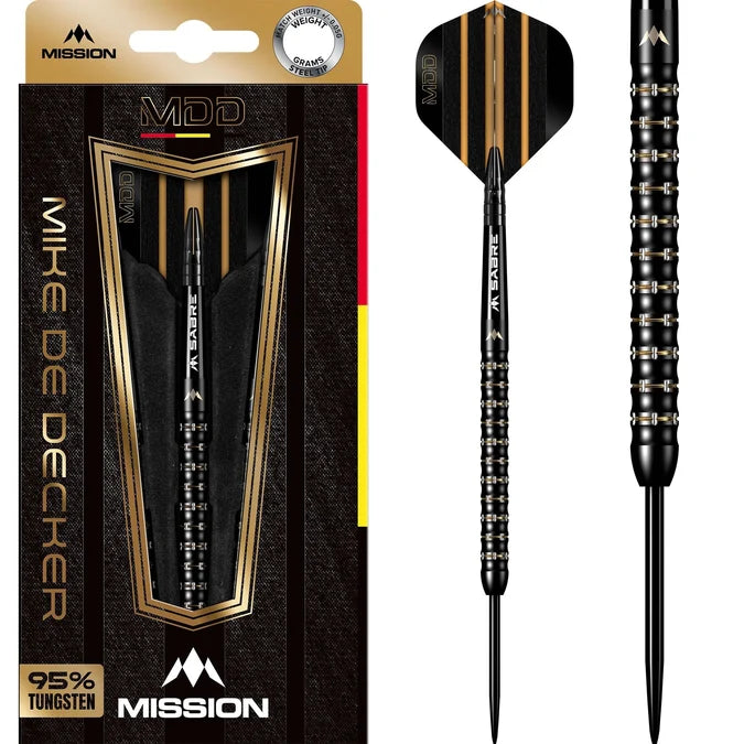 Mission Mike De Decker 95% Tungsten Black & Gold PVD Steel Tip Darts with product box, showing two darts.