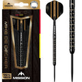 Mission Mike De Decker 95% Tungsten Black & Gold PVD Steel Tip Darts with product box, showing two darts.