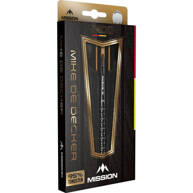 Mission Mike De Decker 95% Tungsten Black & Gold PVD Steel Tip Darts packaging box.