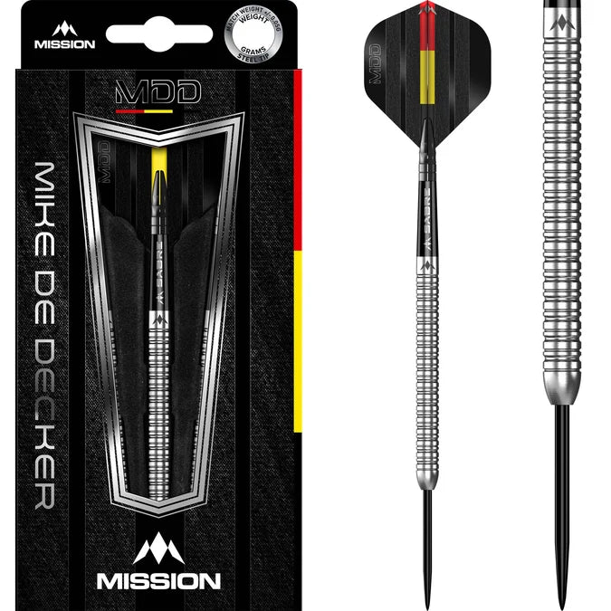 Mission Mike De Decker 95% Tungsten Steel Tip Darts 26g with product box and two silver darts.
