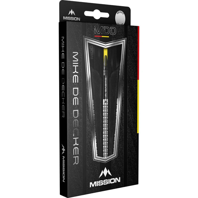 Mission Mike De Decker 95% Tungsten Steel Tip Darts 26g packaging box.