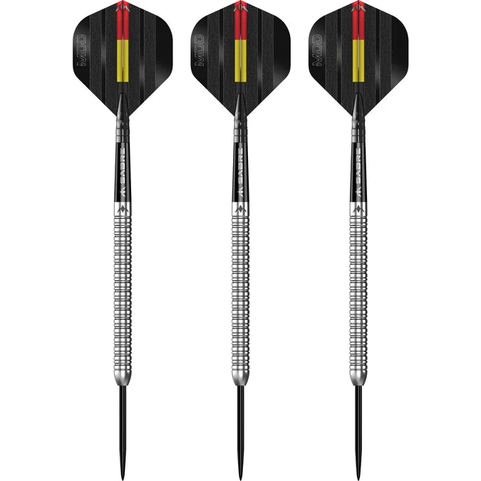 Three Mission Mike De Decker 95% Tungsten Steel Tip Darts in 26g with silver finish.