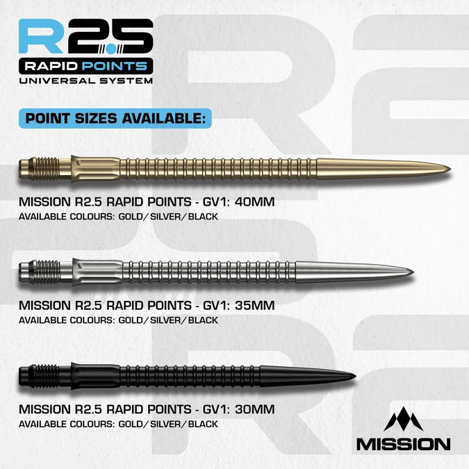 Mission R2.5 GV1 Rapid Dart Points shown in 30mm, 35mm and 40mm lengths.