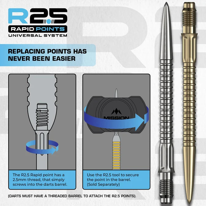 Mission R2.5 GV1 Rapid Dart Points showing instructions for fitting and changing compatible dart points.