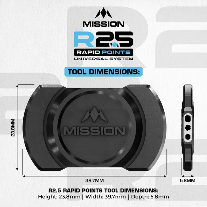 Mission R2.5 Rapid Dart Points Tool in black showing the tool dimensions.