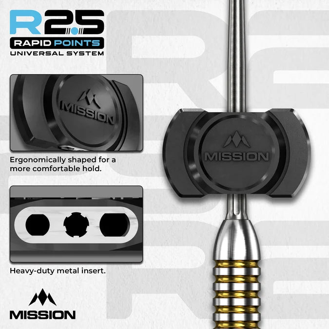 Mission R2.5 Rapid Dart Points Tool shown with instructions for changing and tightening R2.5 dart points.