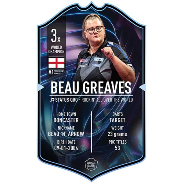 Front of Beau Greaves Ultimate Player Card 2026 Edition 37x25cm darts collectible