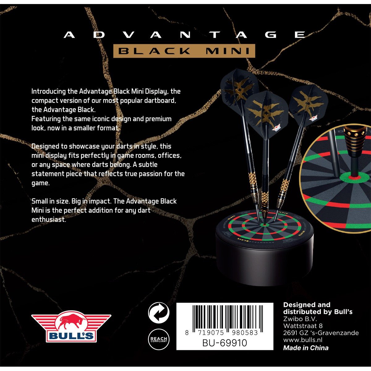 Back view of a dartboard display with darts labeled 'Advantage Black Mini' by Bull's, featuring text and branding.
