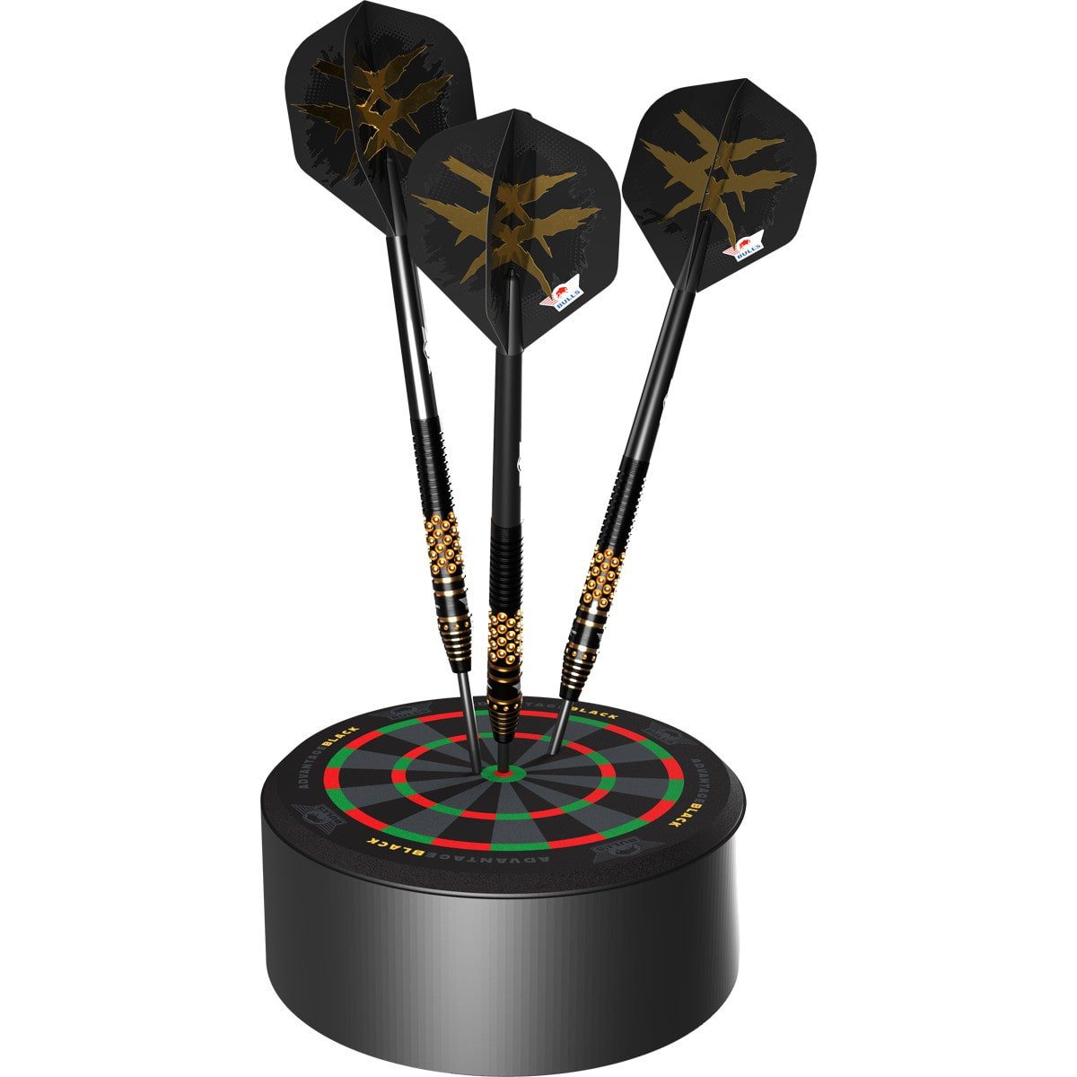 Three black darts with gold accents on a black dartboard against a white background