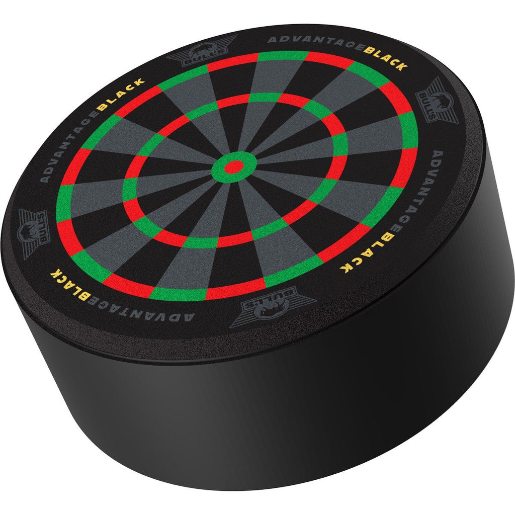 Black dartboard with red and green scoring rings on a white background