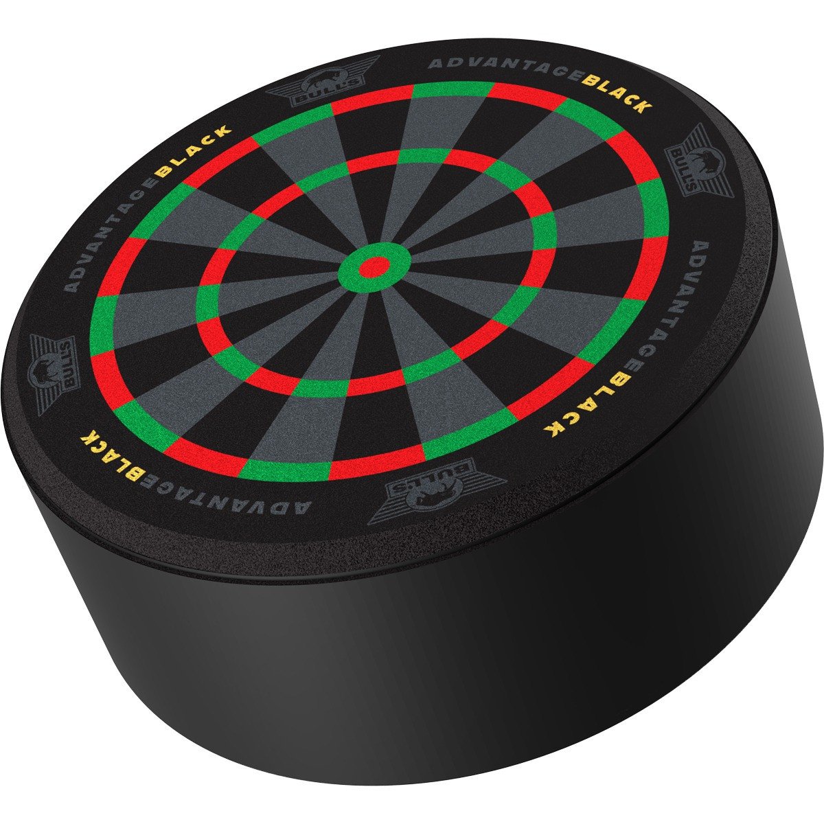 Black dartboard with red and green scoring rings on a white background