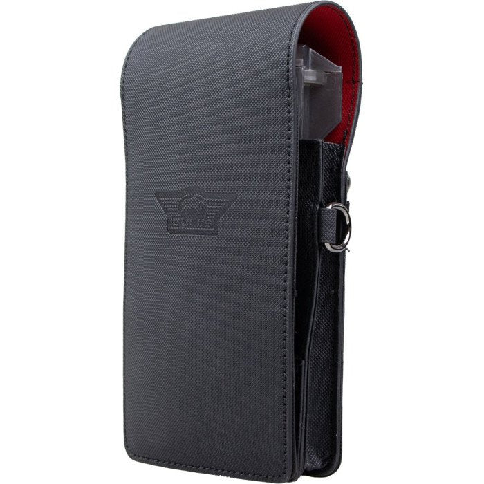 Side view of the Bull's Space Case Hard black dart case showing its textured exterior, red interior lining and compact protective design.