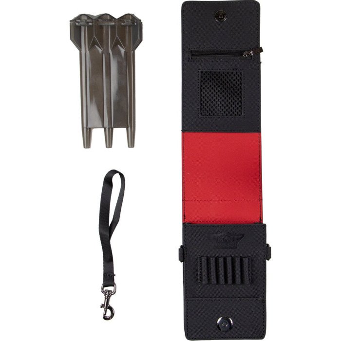 Bull's Space Case Hard opened to show the removable dart holder, accessory compartments, six shaft holders and carrying strap.