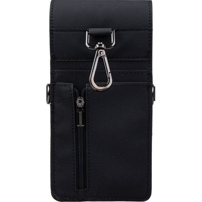Rear view of the Bull's Space Case Hard showing the metal attachment clip, textured black exterior and zipped accessory pocket.