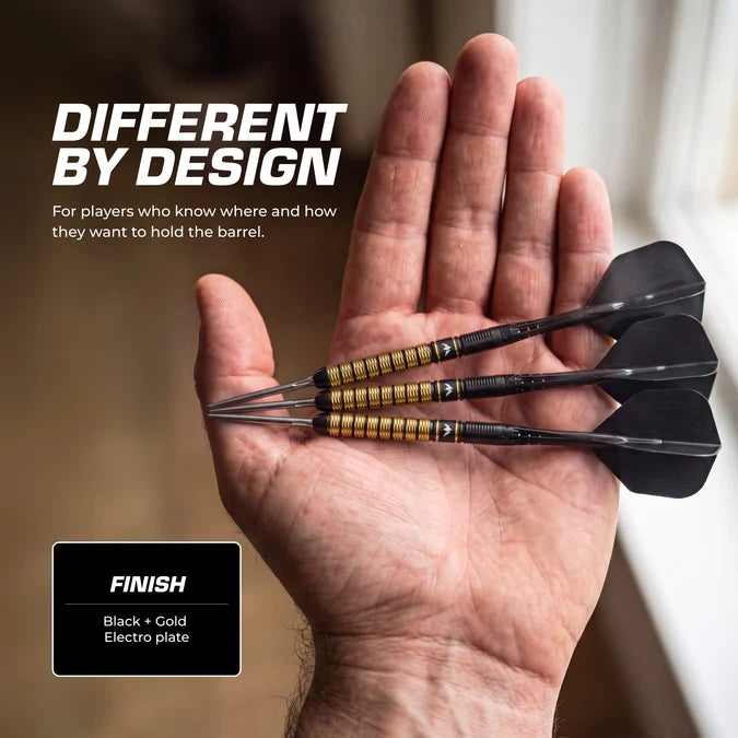 Mission Collab Series Jake Kenyon 95% Tungsten 24g darts showing the black electroplated barrel finish with contrasting gold Suji grip detailing.