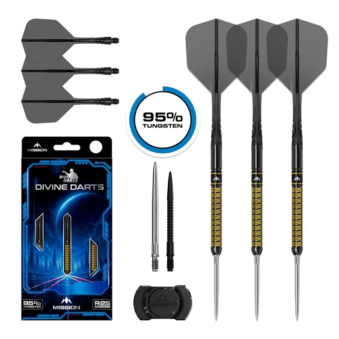Mission Collab Series Jake Kenyon 95% Tungsten 24g steel tip darts with original packaging and included accessories.