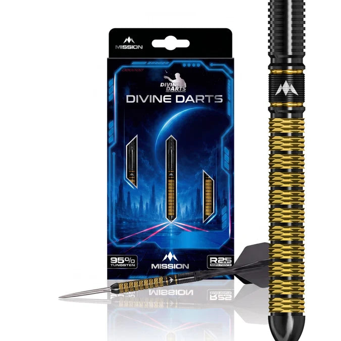 Mission Collab Series Jake Kenyon 95% Tungsten 24g steel tip dart displayed beside its Divine Darts packaging, showing the black and gold Suji grip barrel.
