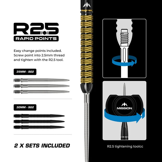 Mission Collab Series Jake Kenyon 95% Tungsten 24g darts showing the Mission R2.5 Rapid Points fitted to the black and gold barrels.