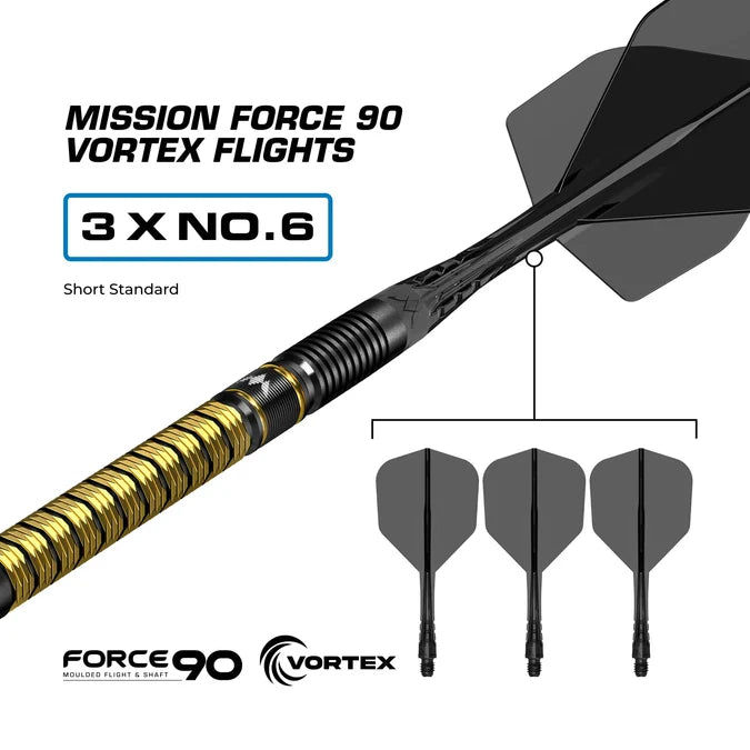 Mission Collab Series Jake Kenyon 95% Tungsten 24g steel tip dart fitted with Vortex flights, showing the complete dart and black and gold barrel.