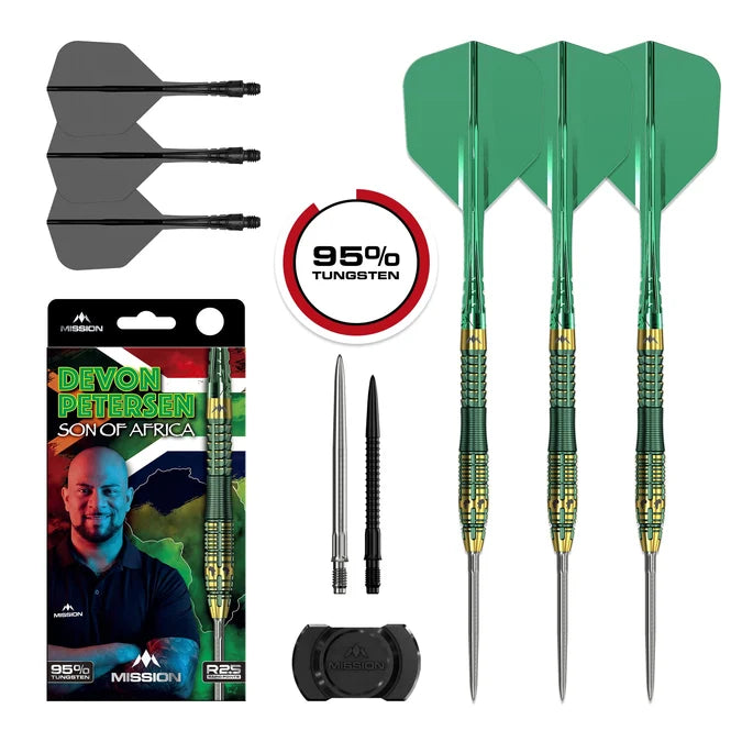 Mission Devon Petersen R2.5 95% Tungsten 24g steel tip darts shown with retail packaging and full set contents.