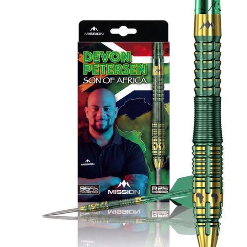 Mission Devon Petersen R2.5 95% Tungsten darts packaging alongside a close-up of the green and gold barrel showing its contoured profile and precision grip machining.