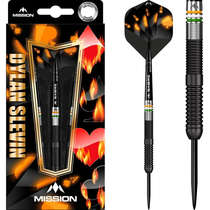 Mission Dylan Slevin 90% Tungsten Steel Tip Darts with front of box and close-up of Black Titanium barrel