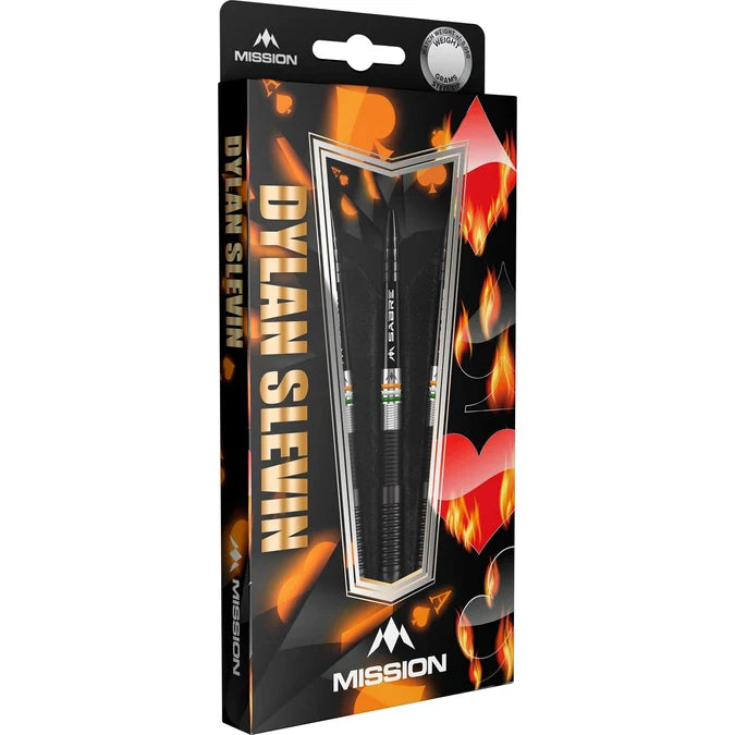 Mission Dylan Slevin 90% Tungsten Steel Tip Darts Black Titanium box