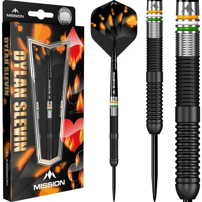 Mission Dylan Slevin 90% Tungsten Steel Tip Darts with three darts and close-up of Black Titanium barrels