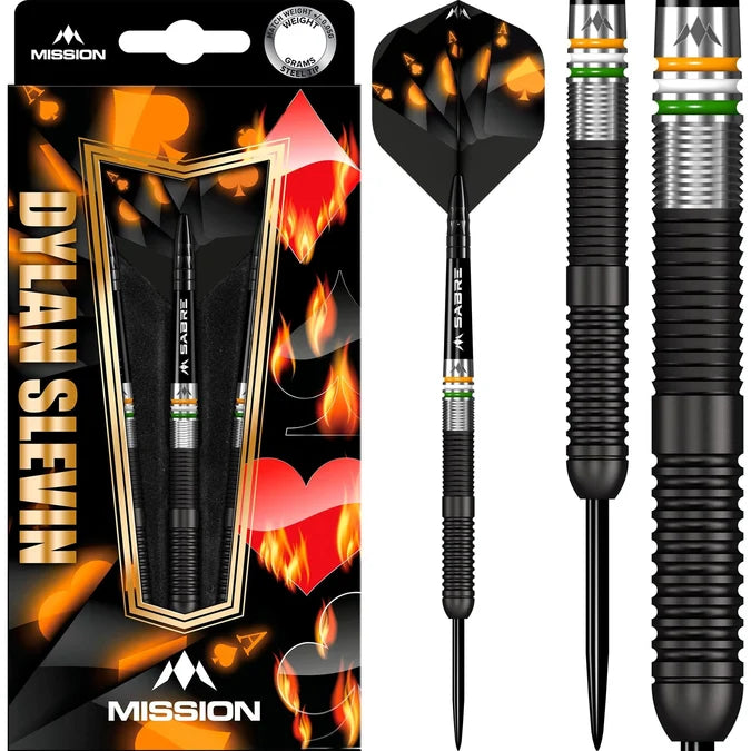 Mission Dylan Slevin 90% Tungsten Steel Tip Darts with front of box and three Black Titanium darts