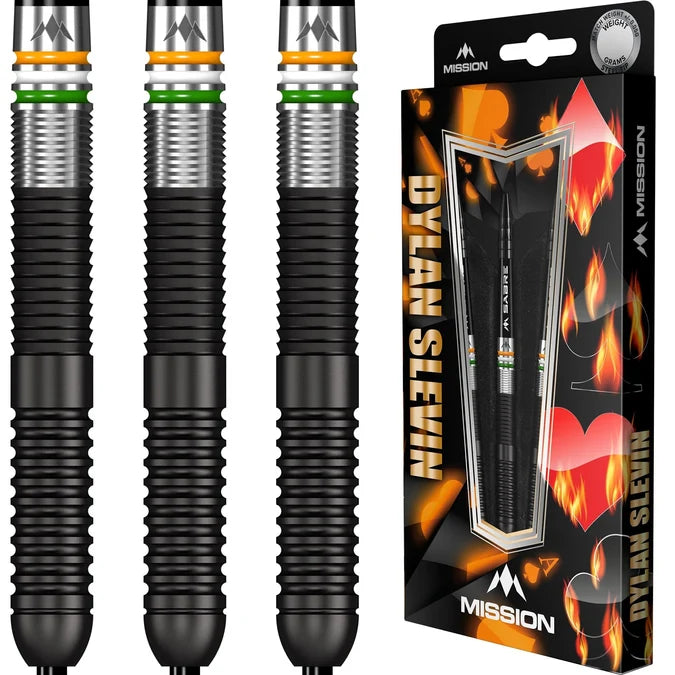 Three Mission Dylan Slevin 90% Tungsten Steel Tip Darts close-up with Black Titanium box to the side