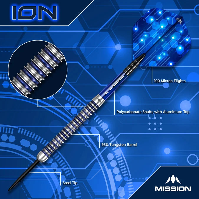 Mission ION 95% Tungsten Steel Tip Dart showing barrel design and specifications