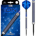 Mission ION 95% Tungsten Steel Tip Darts in Blue and Silver with front of box