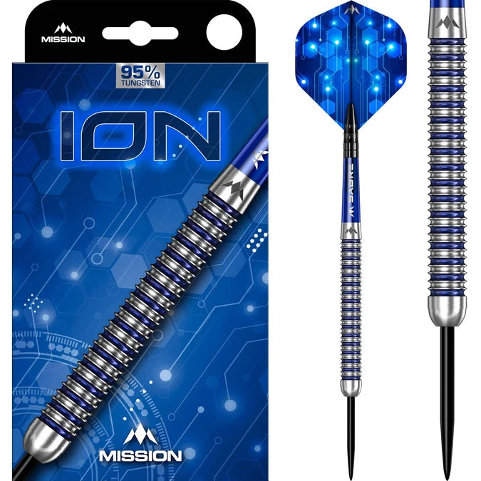 Mission ION 95% Tungsten Steel Tip Darts in Blue and Silver with front of box
