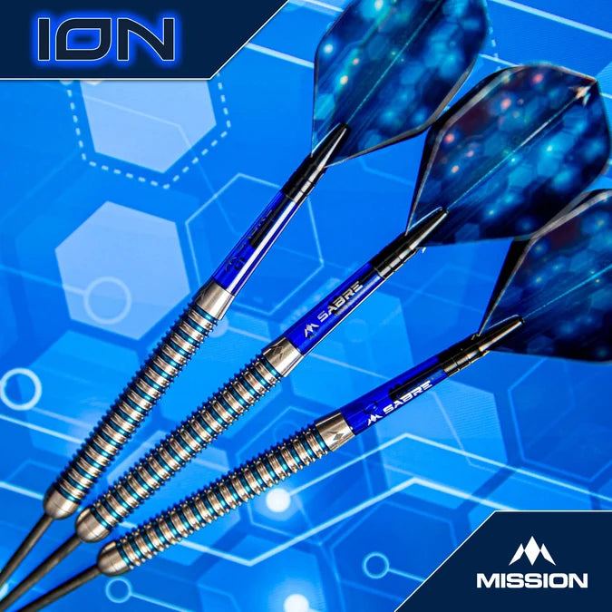 Three Mission ION 95% Tungsten Steel Tip Darts in Blue and Silver
