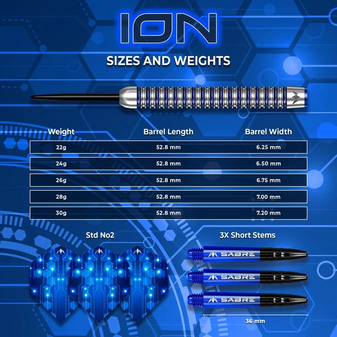 Mission ION 95% Tungsten Darts dimensions and weight specifications for 22g, 24g, 26g and 28g