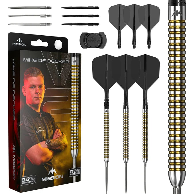 Mission Mike De Decker V2 95% Tungsten Steel Tip Darts full set with Rapid R2.5 points, flights and shafts – 22g & 24g