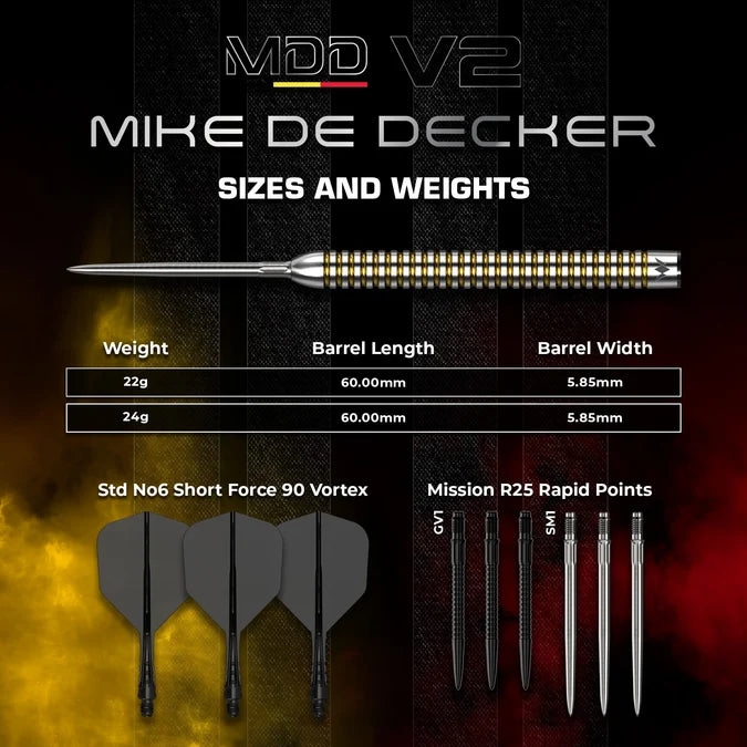 Mission Mike De Decker V2 95% Tungsten Darts dimensions and specifications for 22g and 24g