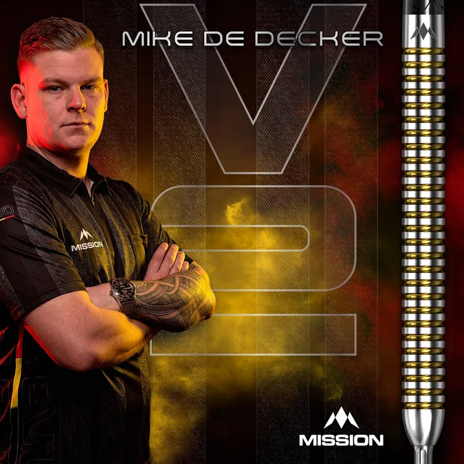 Mike De Decker with his Mission V2 95% Tungsten darts featuring V2 branding