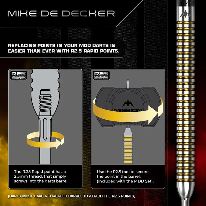 Mission Mike De Decker V2 darts showing how the Rapid R2.5 screw-in point system works