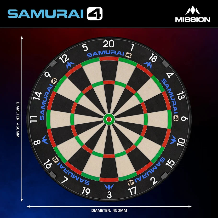 Mission Samurai 4 professional bristle dartboard dimensions diagram showing the overall board diameter and circular playing surface.