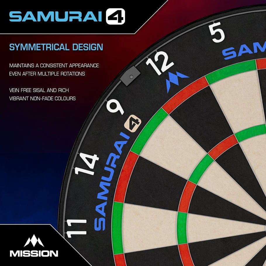 Mission Samurai 4 dartboard showing symmetrical design with repeated Samurai 4 branding for a consistent appearance after board rotation.