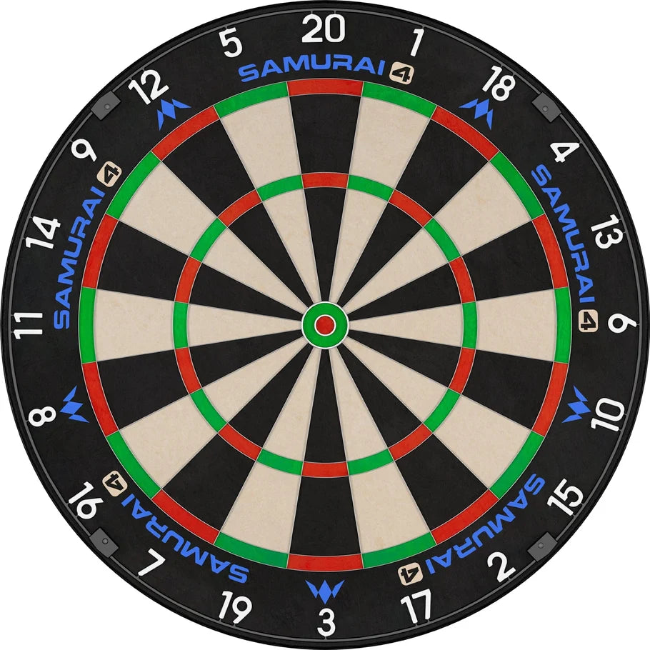 Mission Samurai 4 professional bristle dartboard front view showing ultra-thin white spider, traditional scoring segments and Samurai 4 branding.