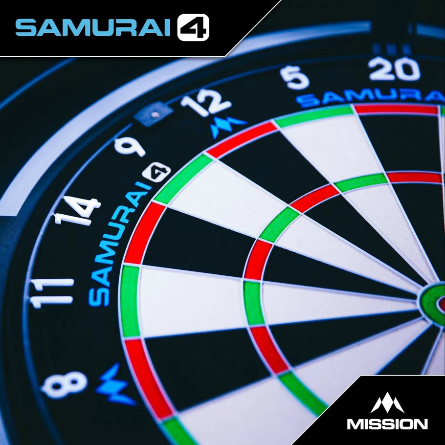 Close-up of Mission Samurai 4 dartboard showing ultra-thin white knife-wire spider separating the sisal scoring segments.