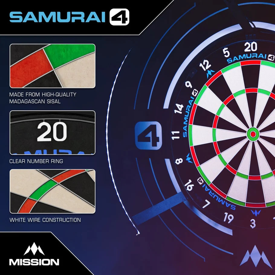Mission Samurai 4 professional dartboard highlighting the improved clear number ring and ultra-thin white knife-wire spider for reduced bounce-outs.