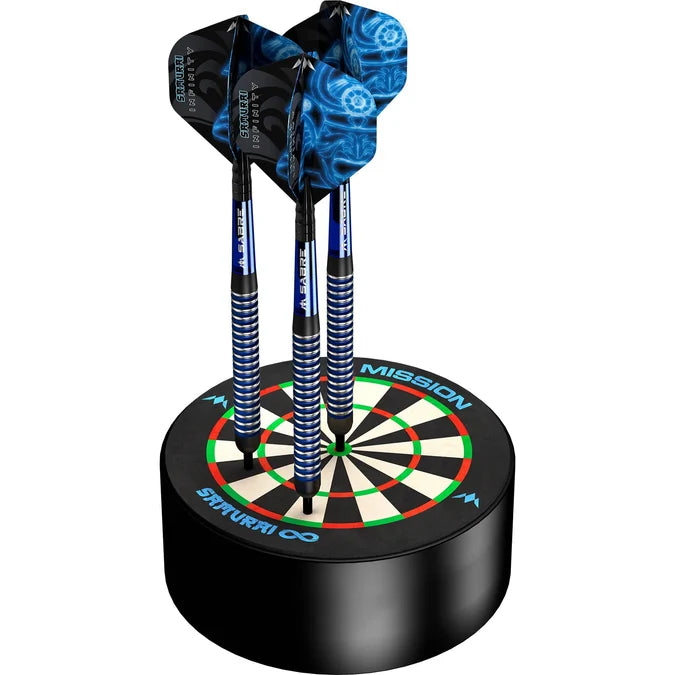 Alternative angle of the Mission Samurai Infinity mini sisal dartboard holder with three steel-tip darts inserted, showing how the dock keeps darts organised.