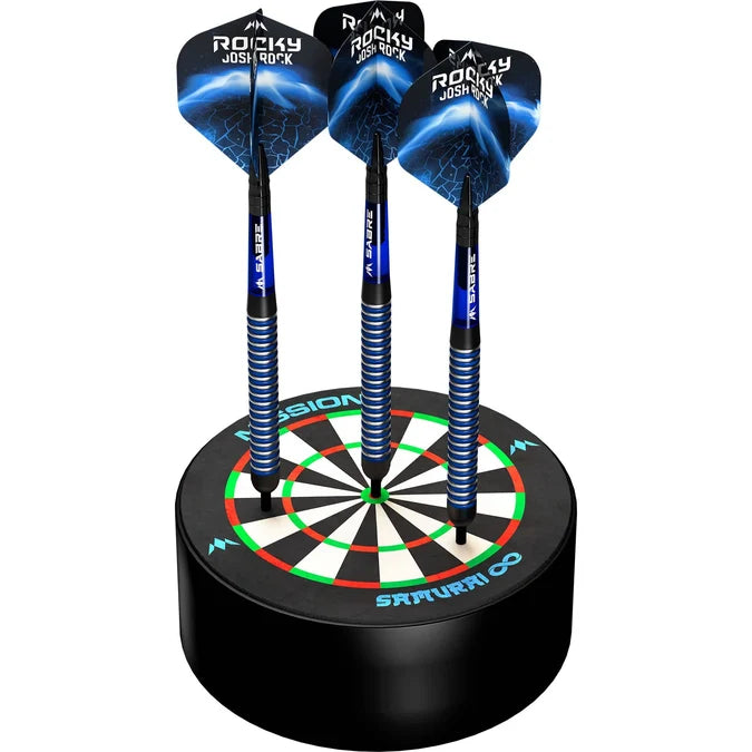 Mission Samurai Infinity mini sisal dartboard holder with three steel-tip darts inserted, demonstrating how the dart dock stores darts between games.