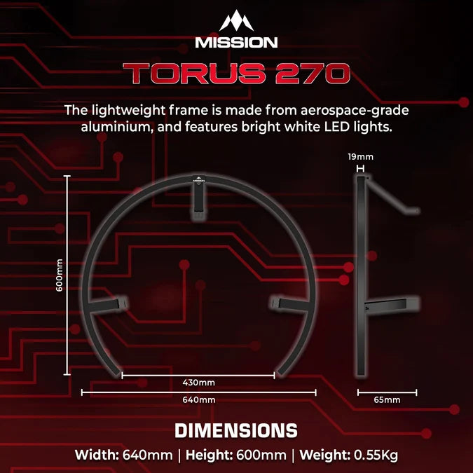 Mission Torus 270 USB-C black dartboard lighting system dimensions diagram showing the measurements and 270-degree frame design.