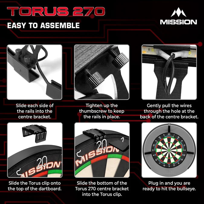 Mission Torus 270 USB-C black dartboard light showing easy screw-free assembly with its foldable leg rail system and clip-on installation.